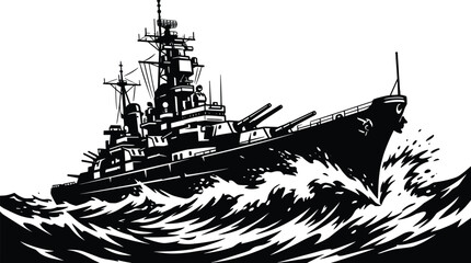Naklejka premium Powerful battleship sailing through rough waves in dynamic monochrome vector illustration, transparent background, naval warfare.