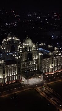 Aerial night & vertical shot of Secretariat of Telangana in Hyderabad, India