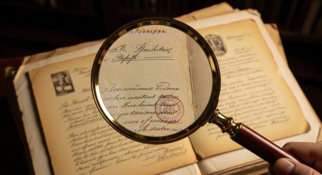 A magnifying glass held over an ancient manuscript with handwritten text and a red wax seal, revealing historical details.