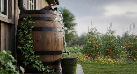 Obraz premium Rain barrel collecting water from a downspout next to a rustic building with a lush garden in the background under an overcast sky, promoting sustainability.