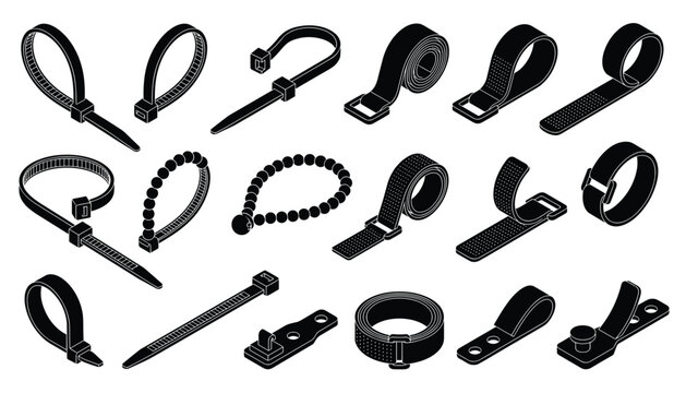 Collection of black strap fasteners and cable ties with transparent background vector illustration.