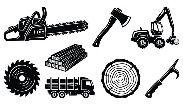 Set of black silhouette icons for woodworking and logging industry with chainsaw axe logs truck circular saw on transparent background vector.