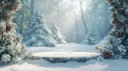 Fototapeta premium Cozy Winter Wonderland Snowy Forest Scene With Snowy Stump Display Table Background