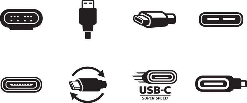 USB Type-C vector icon set for charging, data transfer, connector and device interface.
