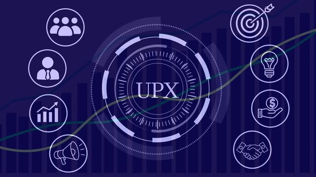 Corporate finance management and business growth digital animation with upx crypto token symbol in center