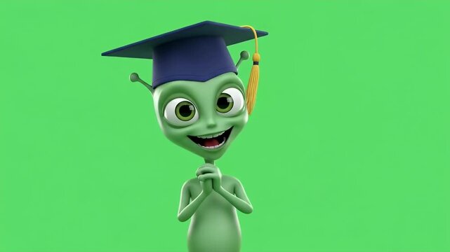 Cartoon Alien Graduation on Green Screen - This video shows a cartoon alien wearing a graduation cap against a green screen background.