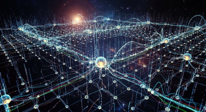 An intricate abstract digital network with glowing nodes and interconnected lines, representing data flow or complex systems.