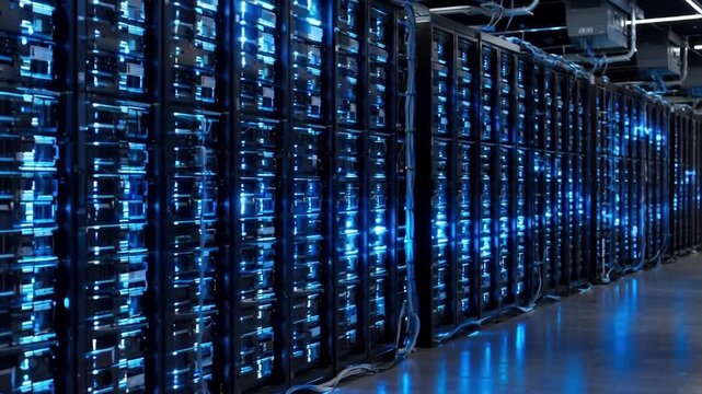 Rows of computer servers in a data center with blue lights