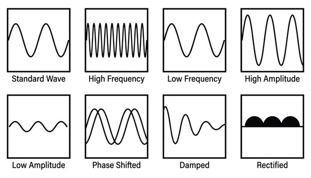 Set of wave forms vector illustration showing standard high low frequency amplitude phase shifted and damped effects on transparent background.