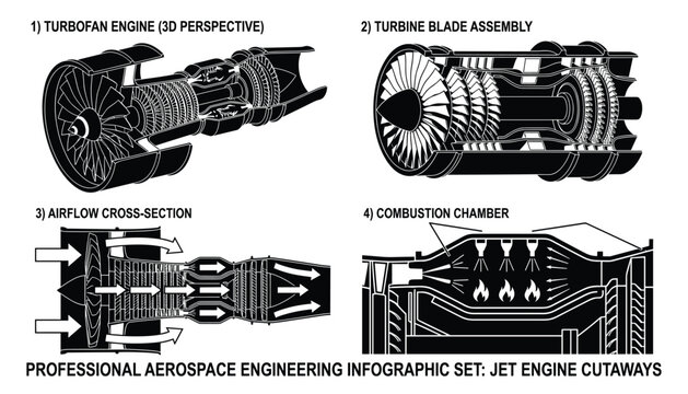 Professional aerospace engineering infographic set jet engine cutaways showing turbofan engine turbine blade assembly airflow and combustion chamber.