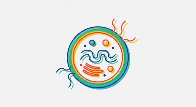 A stylized illustration of a biological cell with internal organelles and external appendages on a white background.