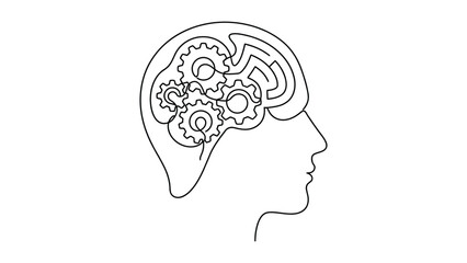Fototapeta premium Continuous line drawing of a human head with gears in the brain.