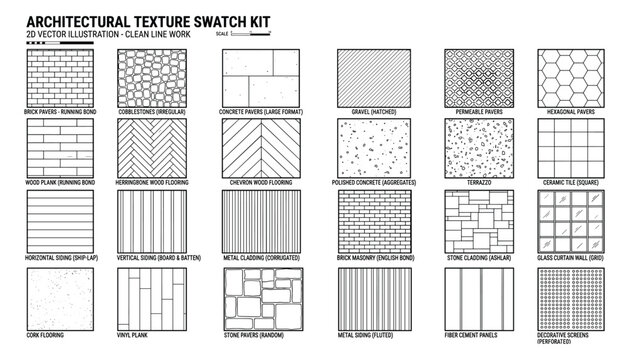 Architectural texture swatch kit for materials like brick wood gravel with transparent background vector.