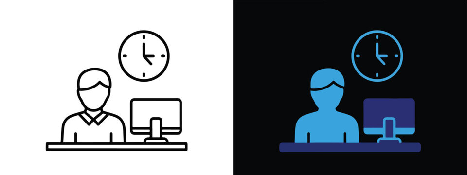 Man at desk with computer and clock illustration - Glyph solid icon - Editable modern style icon - Clipart, sticker - icon set - Clipart