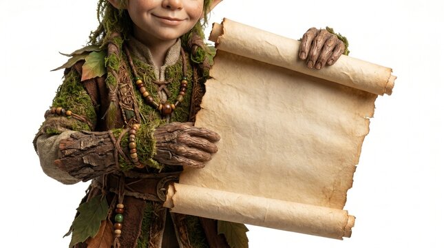 Friendly woodland elf holding blank parchment scroll, isolated on white background, premium fantasy commercial aesthetic.