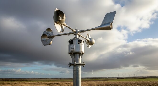 A close-up view of a metallic weather station instrument, featuring an anemometer and wind vane, set against a dramatic cloudy sky and a flat rural landscape with distant wind turbines.