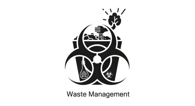 A black and white graphic illustrating waste management concepts, featuring a biohazard symbol integrated into a trash bin with various waste types and an environmental leaf.