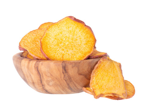 Crispy roasted sweet potato chips with sea salt, isolated on white background. Healthy and crunchy natural vegetable snack. Clipping path.