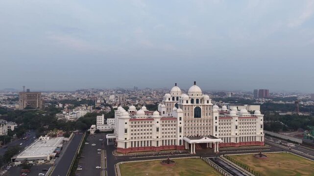 Aerial shot of Secretariat of Telangana in Hyderabad, India