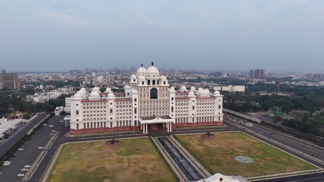 Aerial shot of Secretariat of Telangana in Hyderabad, India