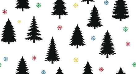 Fototapeta premium Black pine tree silhouettes with snowflakes on white background silhouette