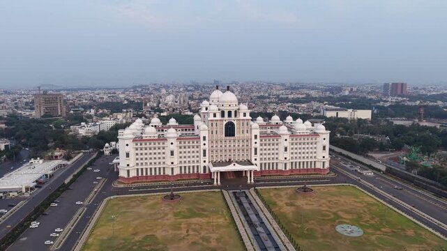 Aerial shot of Secretariat of Telangana in Hyderabad, India