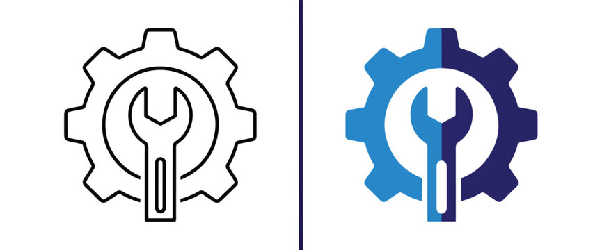 Gear and wrench icon set vector illustration - Blue icon set - Modern style icon  - Glyph and solid icon set - Icon vector
