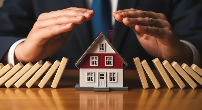 Businessman protecting a house from falling dominoes on a wooden table