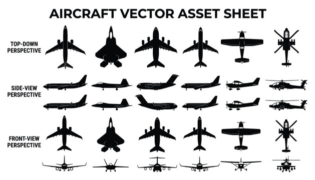 Diverse collection of airplanes and helicopters in top-down, side, and front views, vector asset sheet.