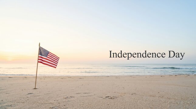 Independence Day American flag on sandy beach, patriotic US flag at sunrise by the ocean, Fourth of July holiday background with sea waves