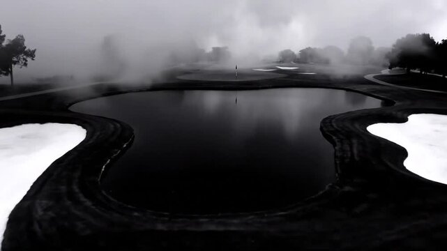Black and white aerial view of a misty golf course with a reflective lake and sand traps