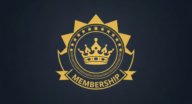 A golden membership badge with a crown and stars on a dark blue background, symbolizing premium access and exclusive loyalty.