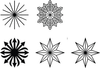 Obraz premium Geometric Starburst and Snowflake Icon Set Featuring Radial Sunburst Designs Sparkling Stars and Winter Ice Crystal Symbols for Festive Holiday Decorations and Graphics