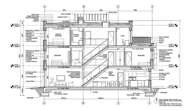 Architectural building section plan for residential complex with detailed measurements and labels vector transparent background.