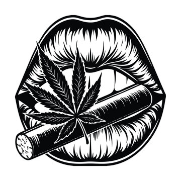 Cannabis, marijuana, lip, leaf, vector, black and white, illustration, symbol, icon, logo, marijuana leaf, cannabis leaf, blunt, joint, weed