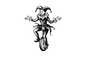 Fototapeta premium Happy jester riding unicycle, entertainment, circus performer.