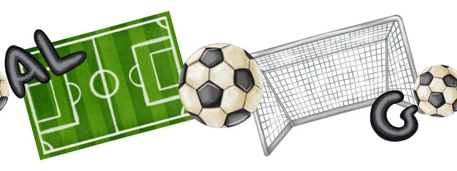 Watercolor seamless border with football goal, green field pitch, and balls. Hand-drawn sport illustration for sports invitations, tournament posters, and fan club decor. © Elli