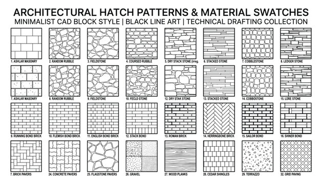 Architectural hatch patterns material swatches vector minimalist cad blocks for background and texture.