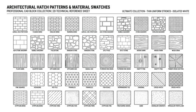 Architectural cad block collection professional vector patterns and material swatches transparent thin uniform strokes.