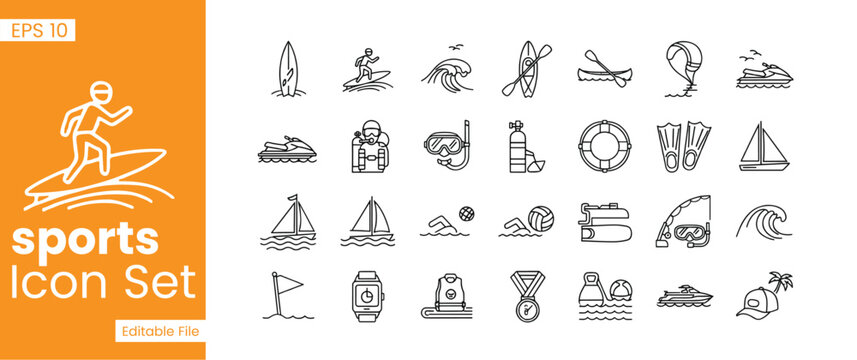 Water Sports and Summer Vacation Line Icon Set