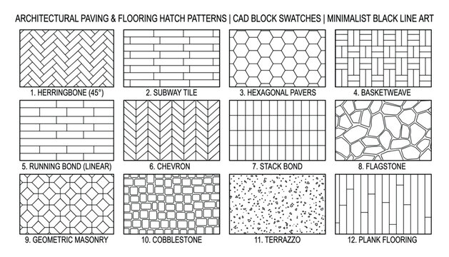 Architectural paving and flooring hatch patterns minimalist cad line art professional technical drawings vector transparent.