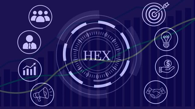 Hex cryptocurrency brand logo animation featuring digital business icons and analytical growth charts on purple background