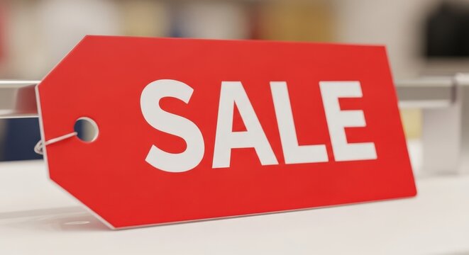 A bright red price tag with the word 'SALE' prominently displayed in white capital letters, indicating a discount or special offer in a retail store setting.