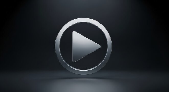 Sleek metallic 3D play button icon on a dark gradient background with subtle lighting.