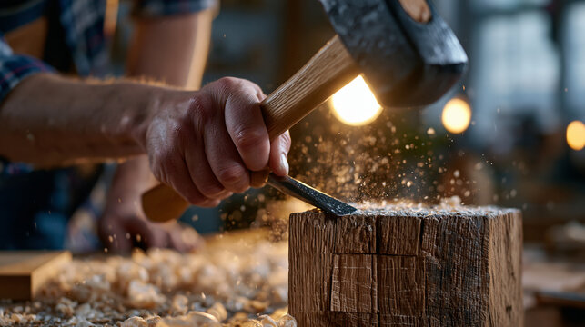 Furniture craftsman chiseling dovetail joints in a dimly lit workshop, mallet raised mid-strike, sawdust suspended in golden hour shafts of light, single object detail focusing on the hand and chise