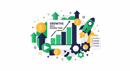 Naklejka premium Business Growth and Startup Success Concept Illustration with Financial Charts, Rocket Launch, and Corporate Strategy Icons