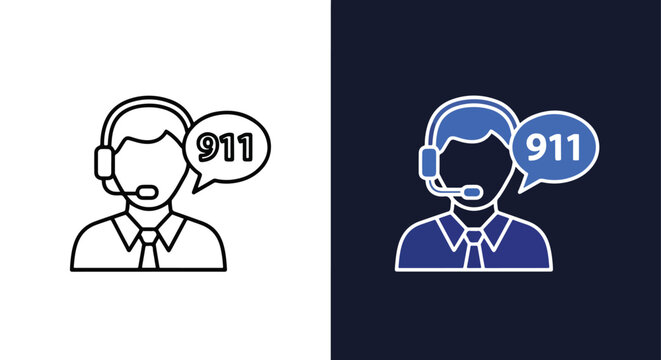Vector emergency call center operator icons with 911 speech bubble - Line and glyph solid icon and logo template - Clipart, sticker - icon set