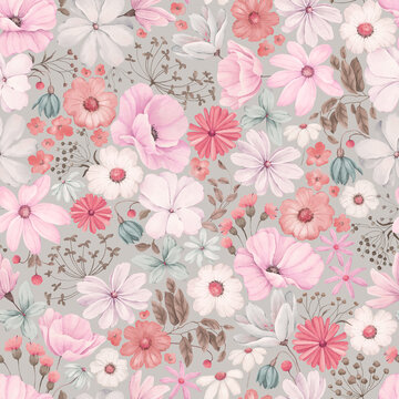 Watercolor seamless pattern with wildflowers, leaves and branches. Floral illustration in vintage style for decorative textile, delicate fabric or cover. Colored hand-drawn print on grey background.