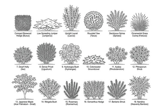 Vector plants and trees icons for landscape design with transparent background, collection of garden shrubs.
