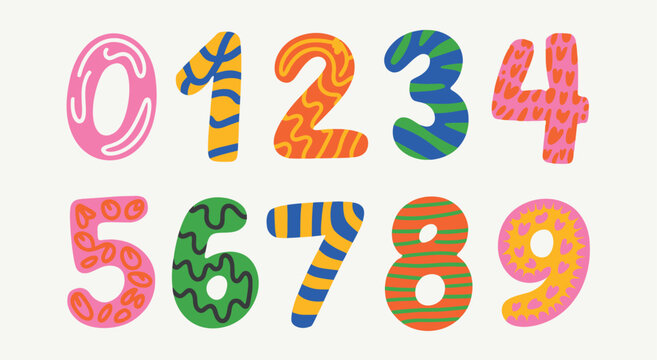 Colorful Kids Numbers Vector Set from 0 to 9 with Doodle Messy Pattern Lines and Hand Drawn Style for Stickers, Branding, Social Media and Printable Designs